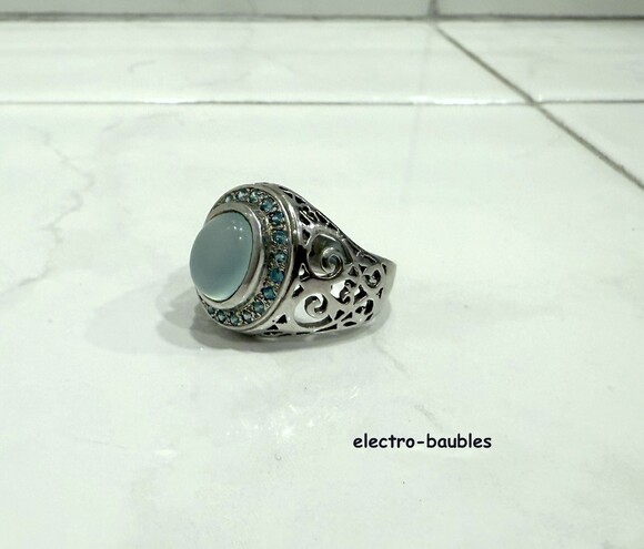 JTV 925 Sterling Silver Filagree Blue Chalcedony & Blue & White Topaz Ring Sz 8 - Picture 9 of 11